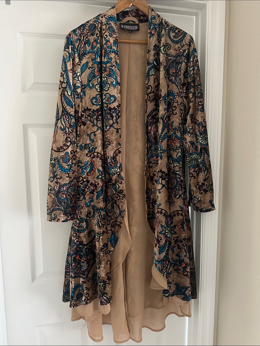 The Pyramid Collection Tan Velvet Paisley Long Coat with Teal & Black Accents